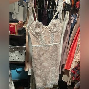 Victoria’s Secret nude short dress with white lace overlay and corset top